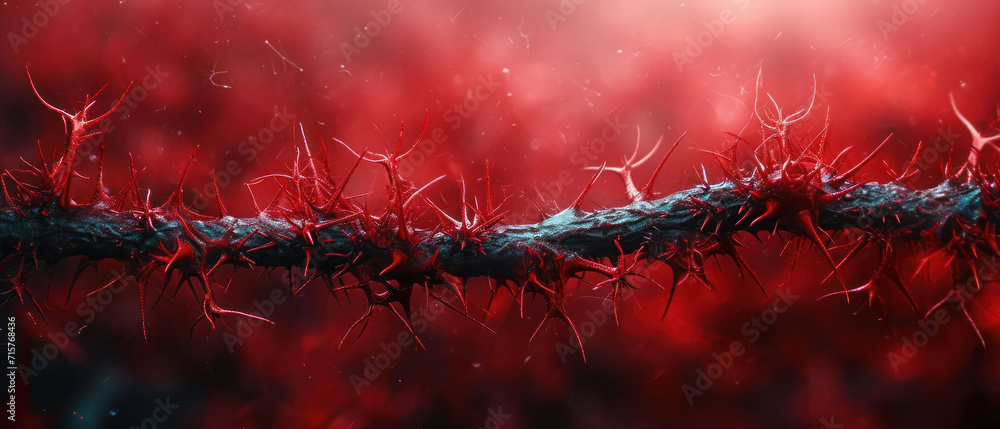 Poster a close up of a red and black background with a line of spiky plants in the foreground and a blurry 