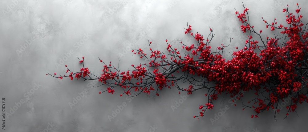 Poster a branch of a plant with red flowers on a white and gray wall with a red flower on the left side of 