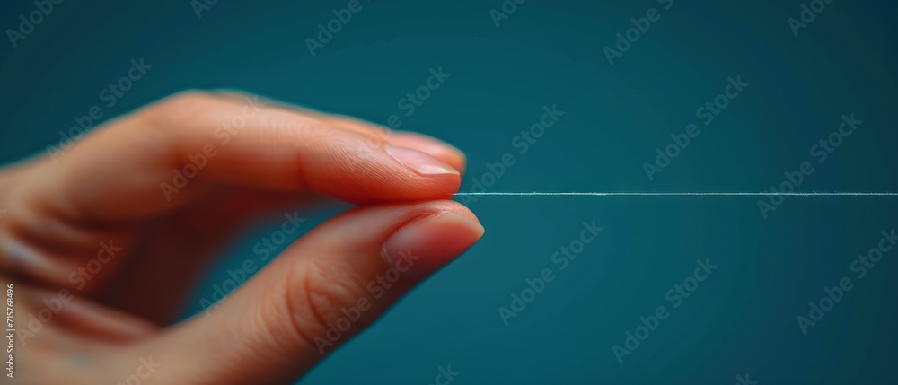 Poster a close up of a person's hand holding a string with one end of the string in the other end of the st