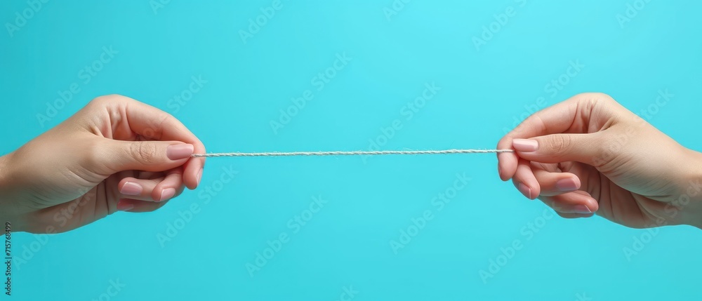 Poster a pair of hands holding a rope against a blue background with the end of a string in the middle of t