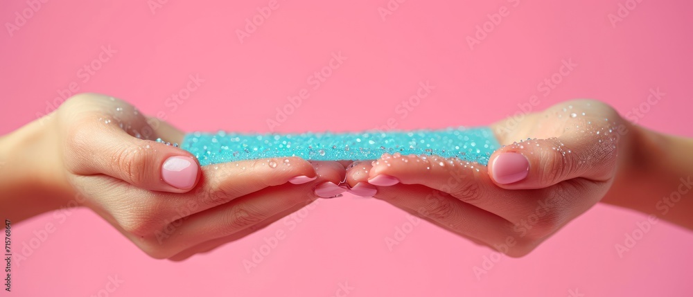 Poster a close up of two hands holding a sponge and a sponge on a pink background with a blue sponge in the