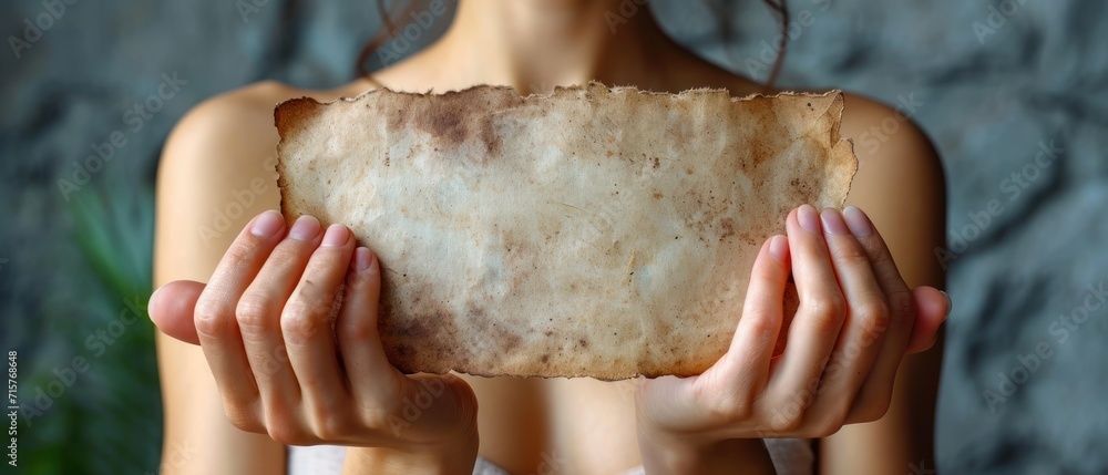 Aufkleber a close up of a person holding a piece of paper in front of their face with both hands and a piece o