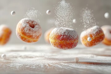 Portrait of powder sugar donuts falling from above in a clean surface with empty space, Generative AI. - obrazy, fototapety, plakaty