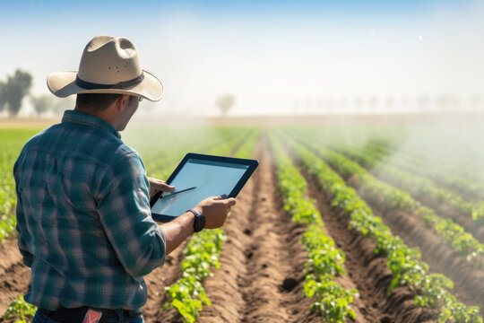 Male farmer using digital tablet to enter and compare  sprinkler irrigation system data on the crop field. Modern technology application in agriculture