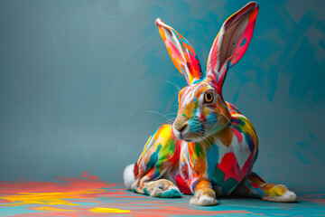 trendsetting color hare an colorful backdrop. A hare with long ears in multi-colored paint sits against the background of a blue wall. - obrazy, fototapety, plakaty