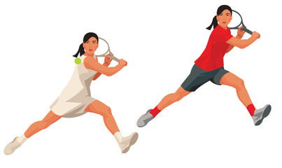 Two girl figures of Indonesian tennis player in a white dress and red sports uniform who strikes with a racket holding it with two hands