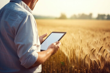 Male farmer using digital tablet to enter and compare data on the crop field. Modern technology application in agriculture