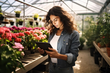 Female farmer using digital tablet to enter and compare data in flower greenhouse