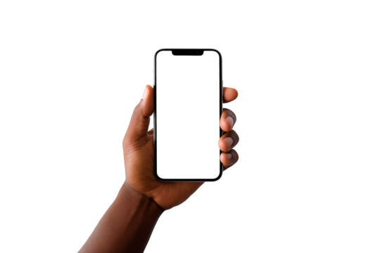 Black Person's Hand, Holding a Modern Smartphone. Transparent Background