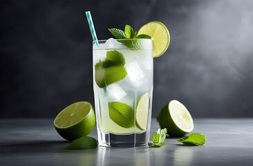 Fresh mojito cocktail with lime, ice cubes and green mint leaves on a dark background