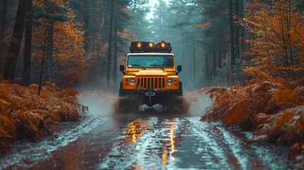 Off road car in a forest on a rainy day, generative ai