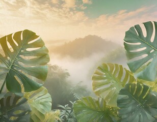 Tropical jungle landscape with green monstera leaves and foggy mountains in background. Pastel watercolour image. 
