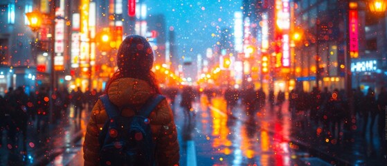 People in the city interact with digital screens in an overlay view. People looking at holographic digital display future technology and living in a big city ,generative ai