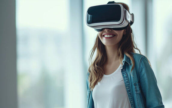Smiling businesswoman in casual wear dons a VR helmet.
