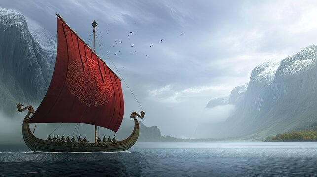 A mist-shrouded Drakkar emerging from the early morning fog, evoking an aura of mystery and ancient allure.