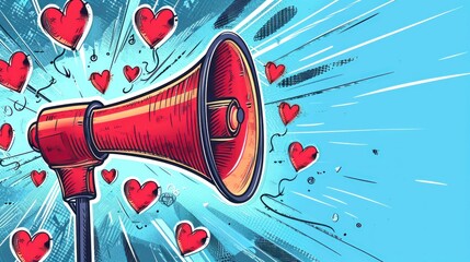 illustration of a megaphone on blue background with hearts