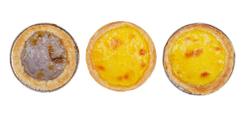 Sweet Baked Egg tart on white background. top view