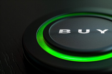 Close-up of a green lit buy button on a sleek, black surface indicating purchase action