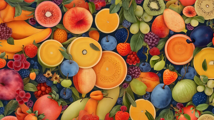 Fototapeta na wymiar Vegetarian wallpaper with colorful fresh fruits vegan mosaic 4K