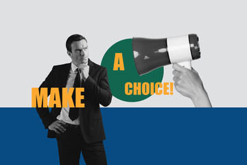 Creative abstract template collage of serious minded man make a choice vote campaign hand hold toa...