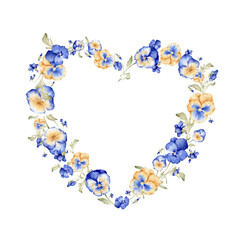 Watercolor floral wreath of flowers. Hand painted frame heart of yellow-blue flowers isolated on white background. Botanical illustration for design, print