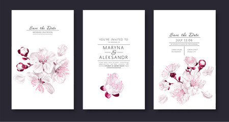 Spring, vector set of Save The Date cards, poster, template for banner ads, place for text, social media posts. Greeting card or invitation design with flowers cherry blossoms, blossoming fruit trees