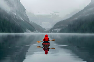 Majestic Mountains Reflected: Canoeist in Red Coat on Still Water