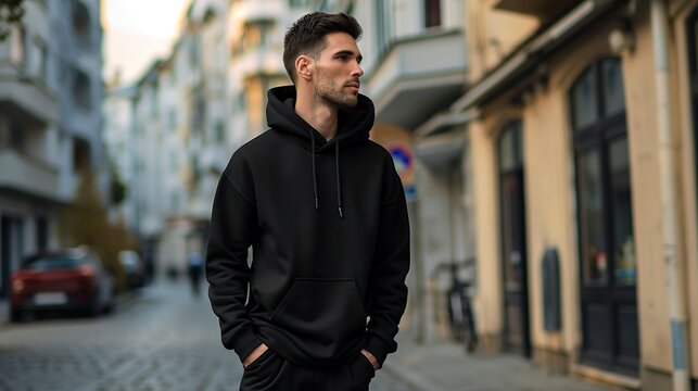 A handsome man in a black sweatshirt on the background of a city street, handsome man on urban street. Created with Generative Ai technology.