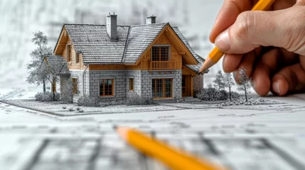 Fotobehang Architecht drawing a sketch for a new house generative ai © LomaPari2021