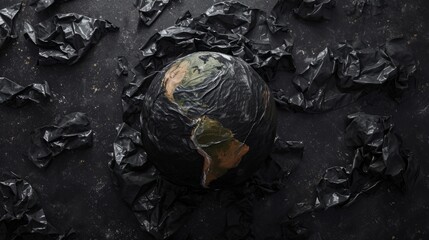 Planet earth made from plastic bags. View from space to earth. The problem of environmental pollution