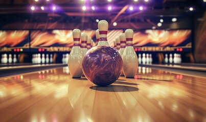 Dynamic bowling shot: vivid shot of the ball hitting the pins with energy and movement - obrazy, fototapety, plakaty