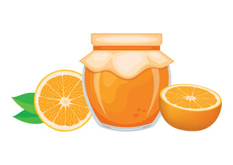 Orange jam in glass jar and fresh oranges vector illustration. Glass of orange marmalade design element. Orange jam jar icon set isolated on a white background. Orange fruit pieces drawing