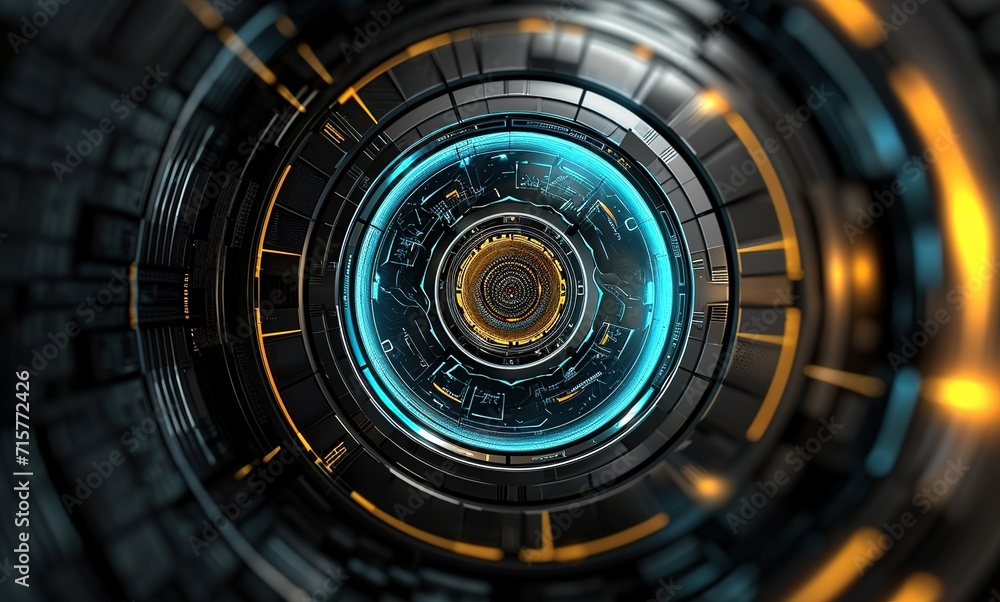 Poster futuristic digital interface with glowing circular elements, ideal for technology and science relate