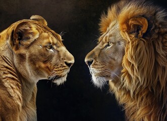 Majestic look: close-up of a lion and lioness in deep connection, illuminated against a dark background