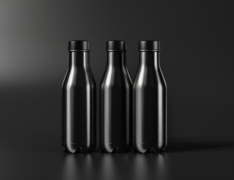 Elegant black stainless steel reusable water bottle isolated on dark background, eco-friendly alternative to plastic