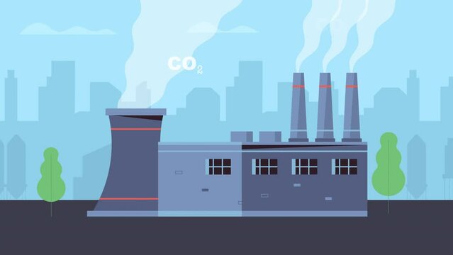 Factory smoke pipes animation. Air CO2 pollution concept. City skyline background. No people background. 4K animated video.
