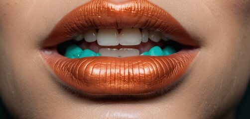  a close up of a woman's mouth with a bright orange lipstick on top of her mouth and a green gum on the bottom of the lip of her mouth. - obrazy, fototapety, plakaty