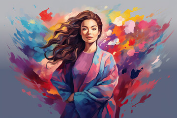 Abstract color paint, portrait of female model on colorfull background 