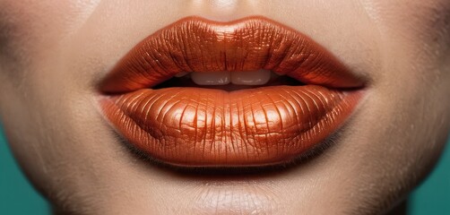 a close up view of a woman's lips with a bright orange lipstick on top of her lip and the bottom of her lip and bottom half of her face.