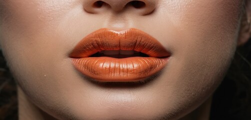  a close up of a woman's face with a bright orange lipstick color on her lips and the lip of the woman's face is slightly to the side.
