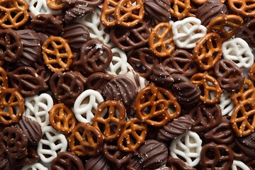 A macro shot of chocolate-dipped pretzels scattered on a white surface, forming an abstract arrangement of contrasting textures.