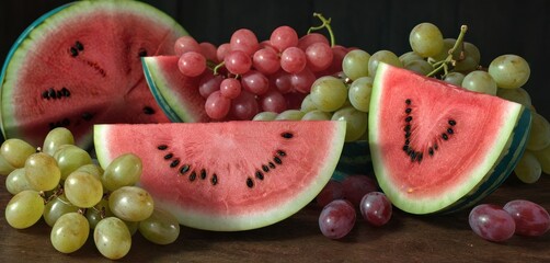  slices of watermelon, grapes, and grapes are arranged in a row on a table with a black background and a wooden table with a few pieces of watermelon.