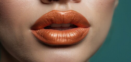  a close up shot of a woman's face with a bright orange lipstick shade on her lip and the lip of the woman's face is slightly to the side.
