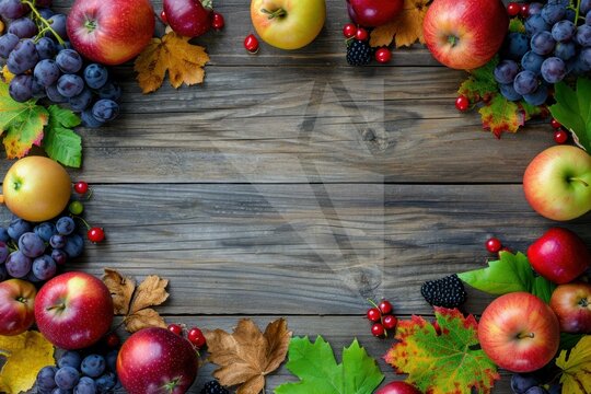 Framed photos of apples, berries, grapes, and autumn leaves. Fresh fruit from the farm on a wooden table. Viewed from above.