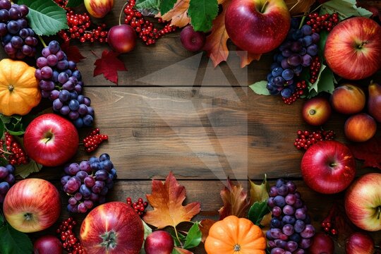 Framed photos of apples, berries, grapes, and autumn leaves. Fresh fruit from the farm on a wooden table. Viewed from above.