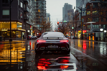 Rear view of a luxury sports car on a wet city street at dusk, with city lights reflecting on the...