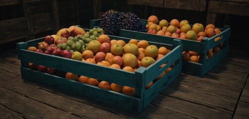  two wooden crates filled with assorted fruit on top of a wooden table in front of a wooden wall and a wooden table with a bunch of grapes and oranges.