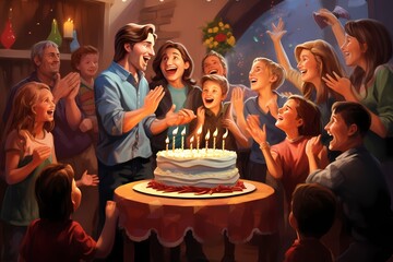A happy family gathered around a birthday cake, singing and clapping with joy for a memorable celebration.
