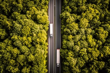 Aerial photo of a highway cutting through a dense green forest with vehicles, illustrating travel and logistics.
