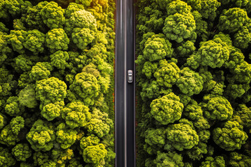 Aerial shot of a single car driving on a road surrounded by a lush green forest, showcasing the beauty of nature.